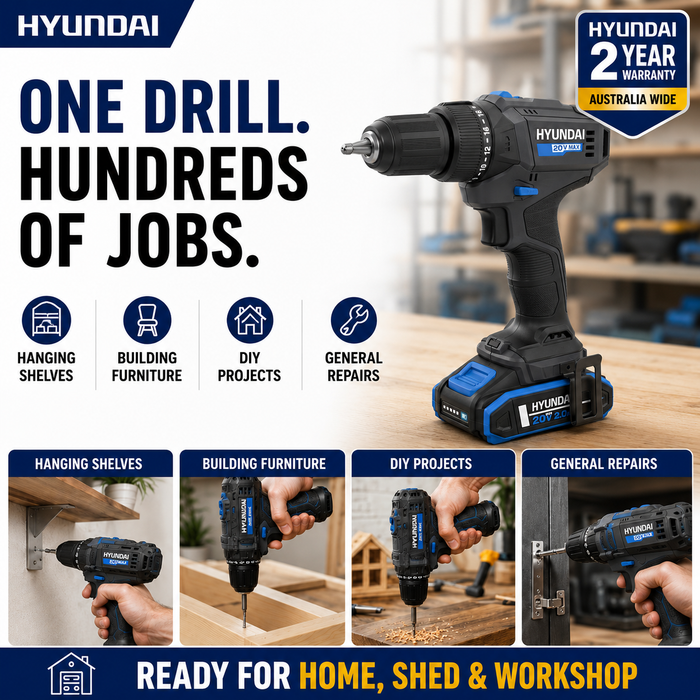 Hyundai 20V 40Nm Cordless Driver Drill, 2Ah Battery and Charger Kit, 2-Speed, LED Light, 13 mm Chuck