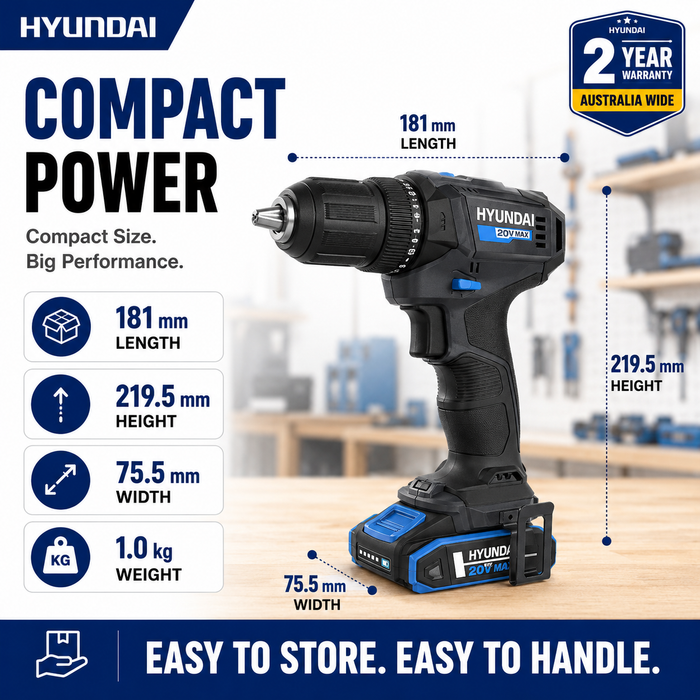 Hyundai 20V 40Nm Cordless Driver Drill, 2Ah Battery and Charger Kit, 2-Speed, LED Light, 13 mm Chuck