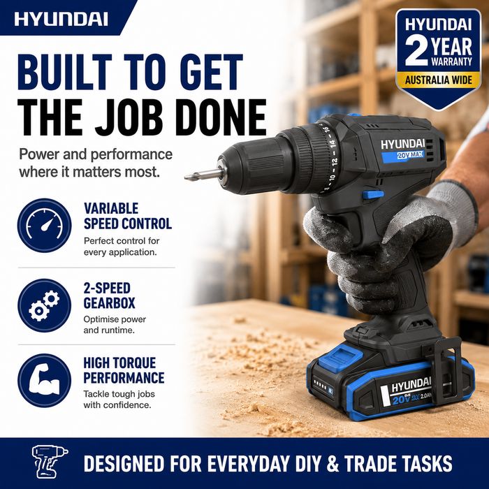 Hyundai 20V 40Nm Cordless Driver Drill, 2Ah Battery and Charger Kit, 2-Speed, LED Light, 13 mm Chuck