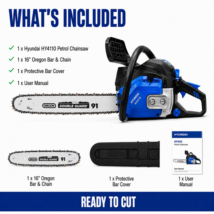 Hyundai 16" Petrol Chain Saw – 40cc 2-Stroke, Oregon Bar, Lightweight, Auto Chain Lube, Anti-Kickback Brake