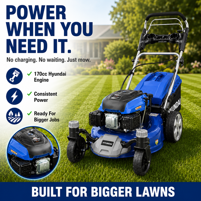 Hyundai 20" Petrol Lawn Mower Zero Turn – Electric Start, Self-Propelled, 170cc Engine, 70L Grass Collector