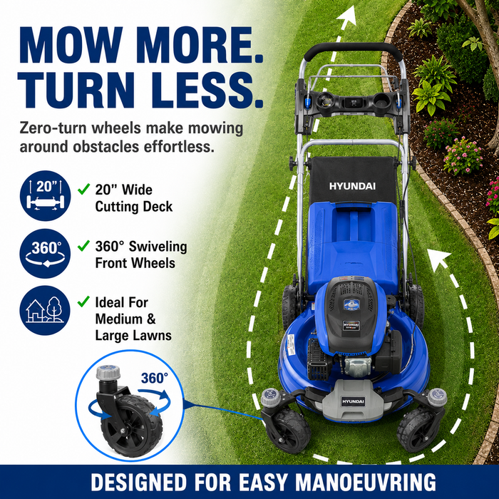 Hyundai 20" Petrol Lawn Mower Zero Turn – Electric Start, Self-Propelled, 170cc Engine, 70L Grass Collector