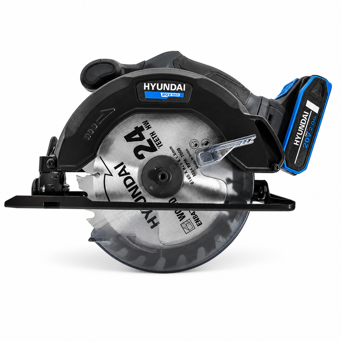Hyundai 20V Cordless Circular Saw – 165mm Blade, Bevel Cuts, Dust Port – Skin Only