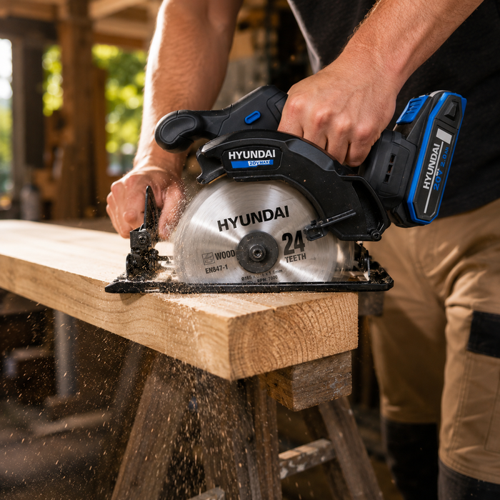 Hyundai 20V Cordless Circular Saw – 165mm Blade, Bevel Cuts, Dust Port – Skin Only