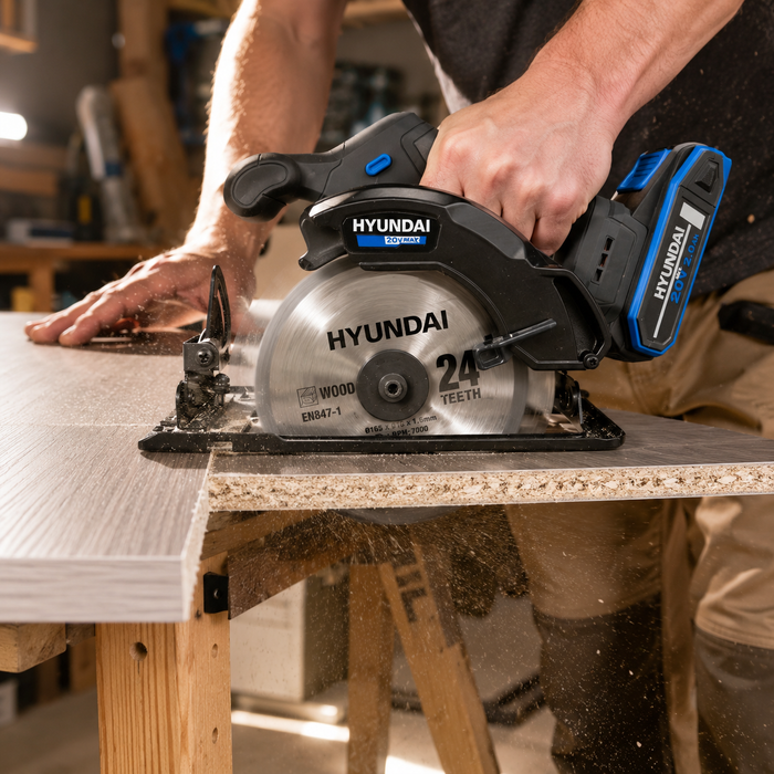 Hyundai 20V Cordless Circular Saw – 165mm Blade, Bevel Cuts, Dust Port – Skin Only