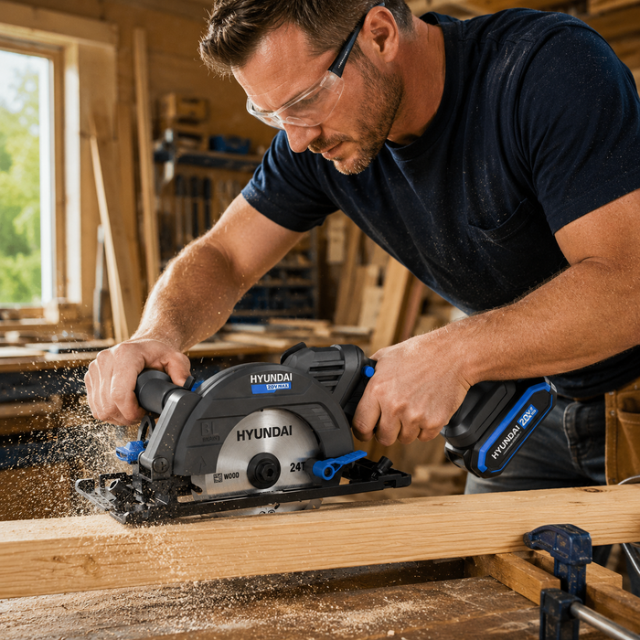 Hyundai 20V Brushless Mini Circular Saw Kit – 120mm Blade, 41mm Cut Depth + 20V 2Ah Lithium-Ion Battery & Charger Kit