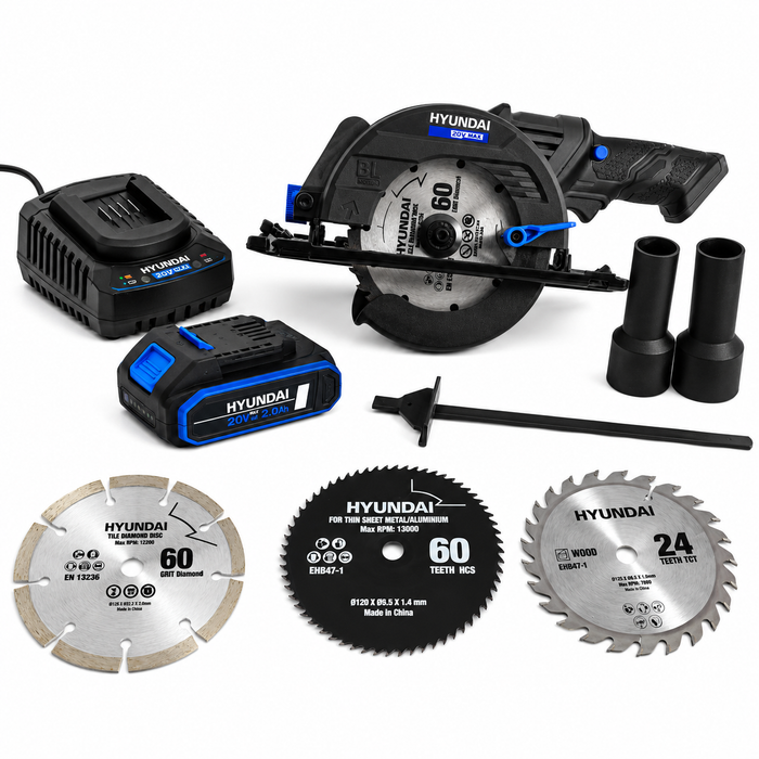 Hyundai 20V Brushless Mini Circular Saw Kit – 120mm Blade, 41mm Cut Depth + 20V 2Ah Lithium-Ion Battery & Charger Kit