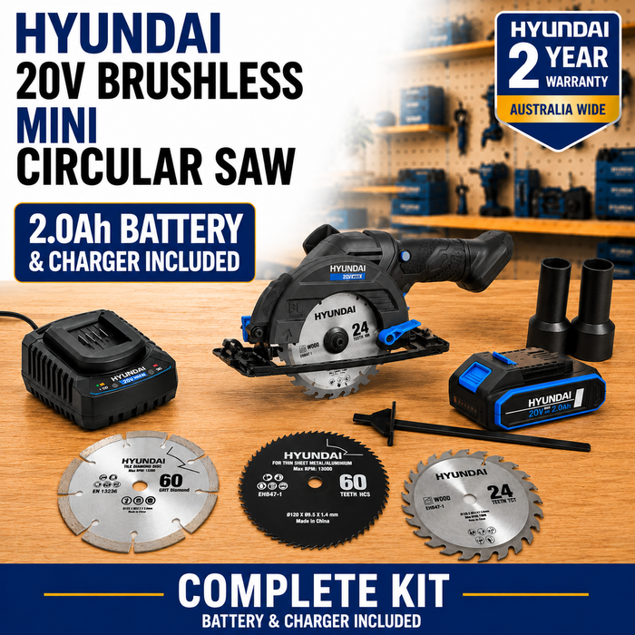 Hyundai 20V Brushless Mini Circular Saw Kit – 120mm Blade, 41mm Cut Depth + 20V 2Ah Lithium-Ion Battery & Charger Kit