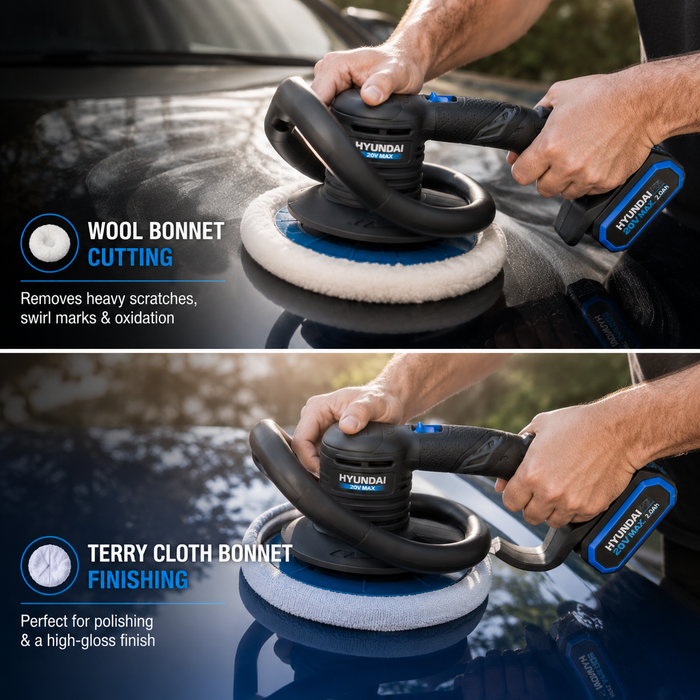 Hyundai 20V Orbital Polisher Full Kit - Random Orbital Buffer Polisher + 2.0Ah Battery & Fast Charger - Car Detailing Kit