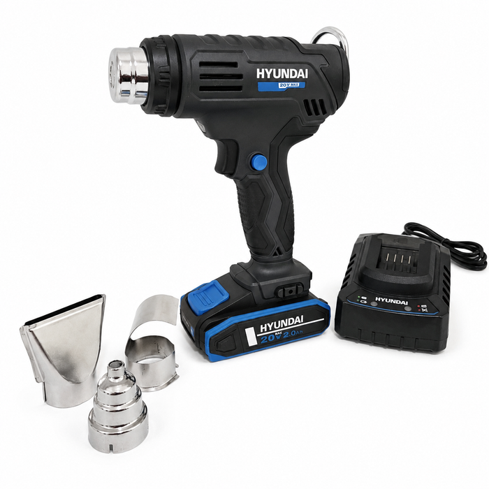 Hyundai 20V Cordless Heat Gun Kit – 2 Temp Settings (350°C/550°C), Auto Cooldown, Lock-On Switch + 20V 2Ah Lithium-Ion Battery & Charger Kit
