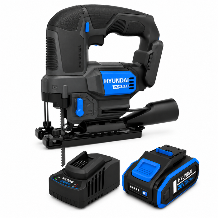 Hyundai 20V Brushless Jig Saw Kit – Adjustable Base, 4-Stage Pendulum, LED, Variable Speed + 20V 2Ah Lithium-Ion Battery & Charger Kit