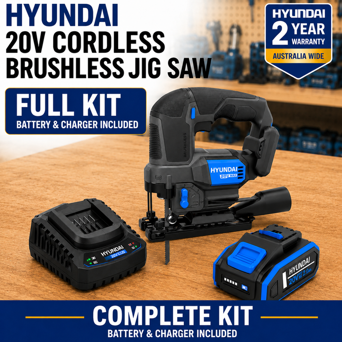 Hyundai 20V Brushless Jig Saw Kit – Adjustable Base, 4-Stage Pendulum, LED, Variable Speed + 20V 2Ah Lithium-Ion Battery & Charger Kit