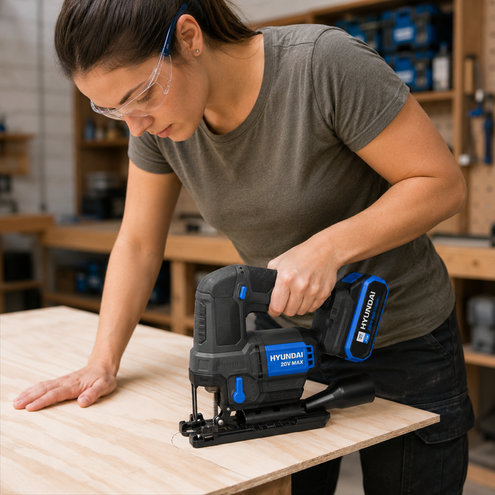 Hyundai 20V Brushless Jig Saw Kit – Adjustable Base, 4-Stage Pendulum, LED, Variable Speed + 20V 2Ah Lithium-Ion Battery & Charger Kit