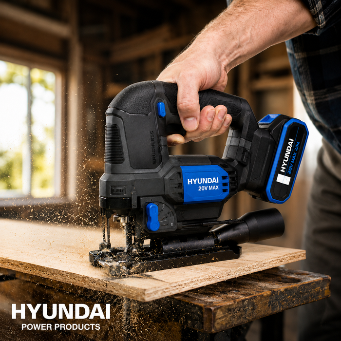 Hyundai 20V Brushless Jig Saw Kit – Adjustable Base, 4-Stage Pendulum, LED, Variable Speed + 20V 2Ah Lithium-Ion Battery & Charger Kit