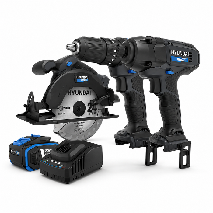 Hyundai Power Tools 3 Piece Kit - Impact Driver + Hammer Drill + Circular Saw + 4Amp Battery + Charger