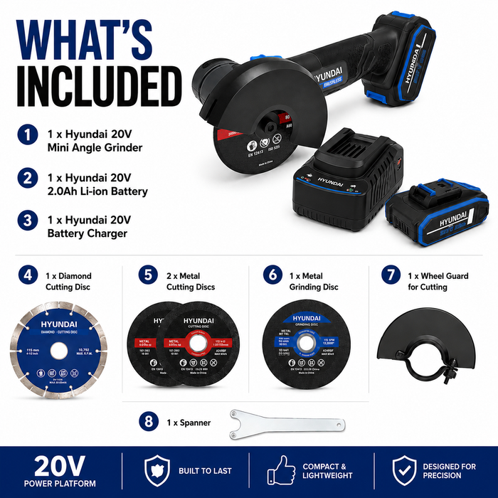 Hyundai 20V Cordless Angle Grinder Kit – Cut Metal, Tile & Bolts Anywhere | Includes 2.0Ah Battery + Charger