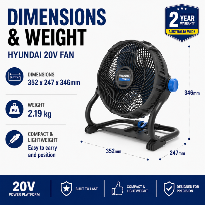 Hyundai 20V Cordless Camping & Job Site Fan Kit – 360° Adjustable Airflow, Dual Speed Cooling for Camping, Workshop & Garage