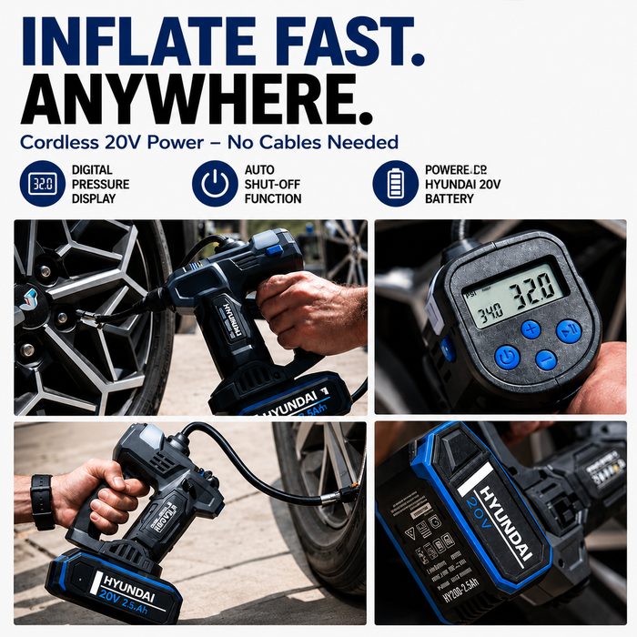 Hyundai 20V Cordless Tyre Inflator – Digital PSI Gauge, Auto Shutoff, Work Light & Emergency Beacon – Skin Only