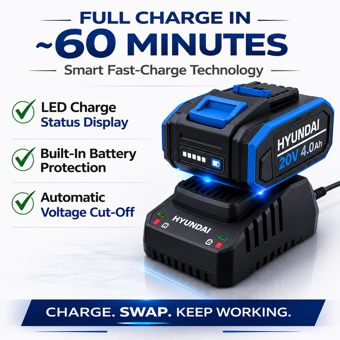 Hyundai 20V 4Ah Lithium-Ion Battery & Charger Kit – for Hyundai 20V Cordless Power Tools - Fast Charging, Compact, Reliable