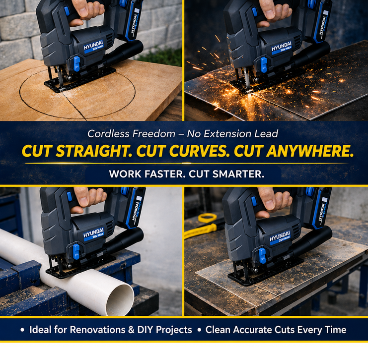 Hyundai 20V Cordless Jig Saw – Variable Speed, Tool-Free Blade, 45° Bevel, Dust Adapter - Skin Only
