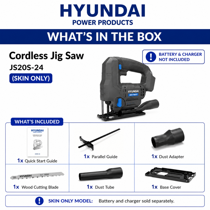 Hyundai 20V Cordless Jig Saw – Variable Speed, Tool-Free Blade, 45° Bevel, Dust Adapter - Skin Only