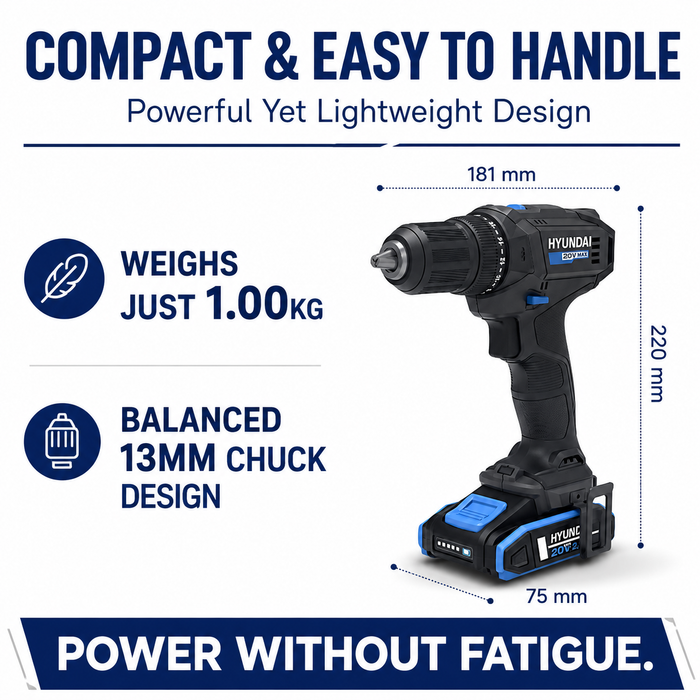Hyundai 20V Cordless Driver Drill – 40Nm Torque, 2-Speed, LED Light, 13mm Chuck - Skin Only