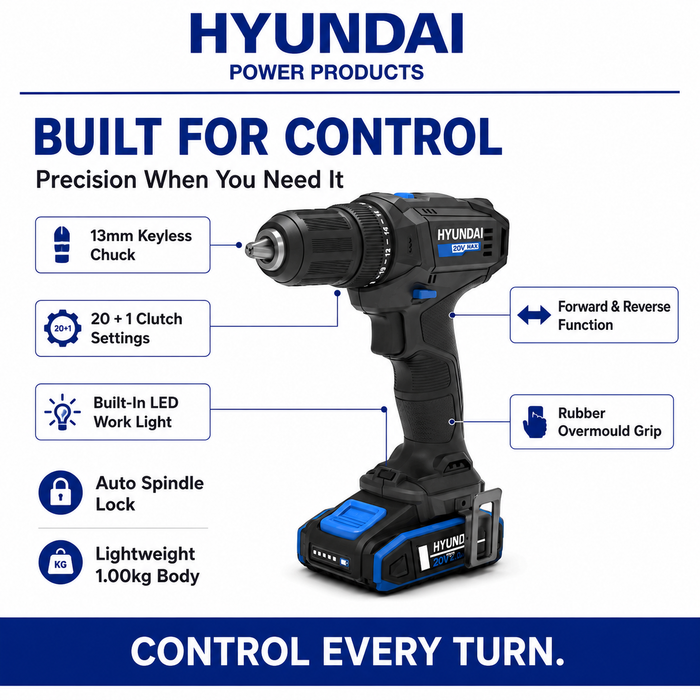 Hyundai 20V Cordless Driver Drill – 40Nm Torque, 2-Speed, LED Light, 13mm Chuck - Skin Only