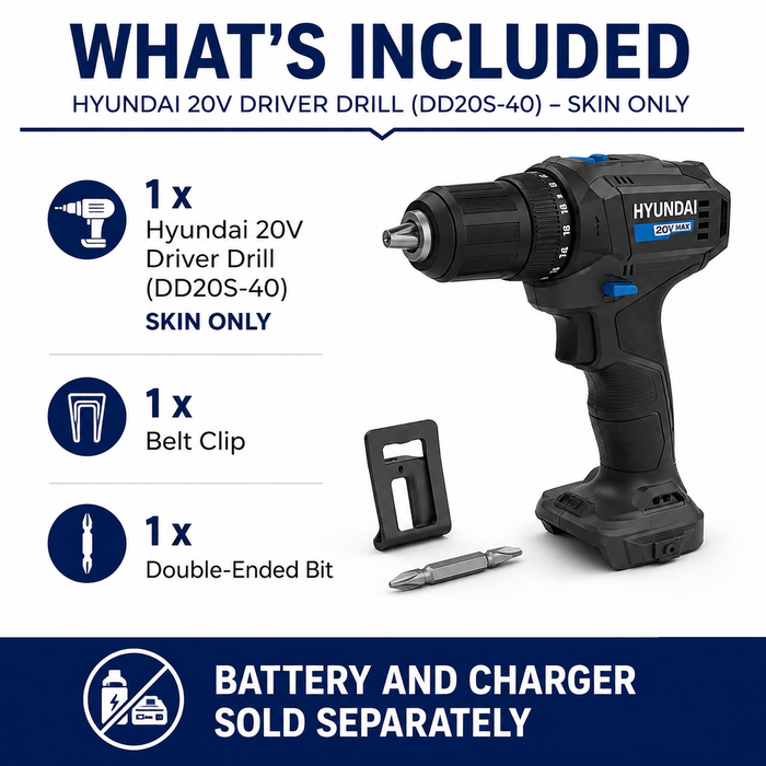 Hyundai 20V Cordless Driver Drill – 40Nm Torque, 2-Speed, LED Light, 13mm Chuck - Skin Only