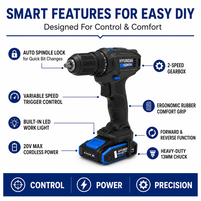Hyundai 20V Cordless Hammer Drill – 2-Speed, 50Nm Torque, LED - Skin Only