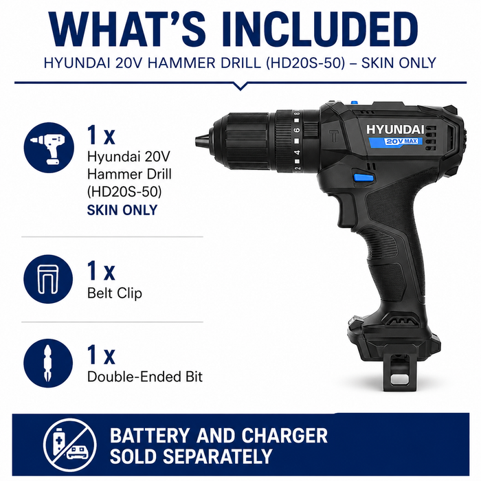 Hyundai 20V Cordless Hammer Drill – 2-Speed, 50Nm Torque, LED - Skin Only