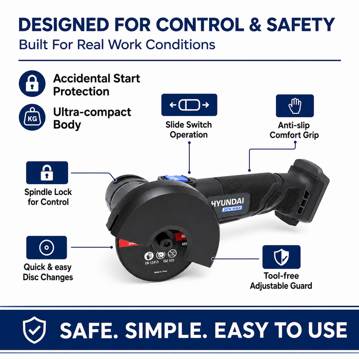 Hyundai 20V Mini Angle Grinder – 19500rpm, 76mm Disc, Tool-Free Guard - Skin Only