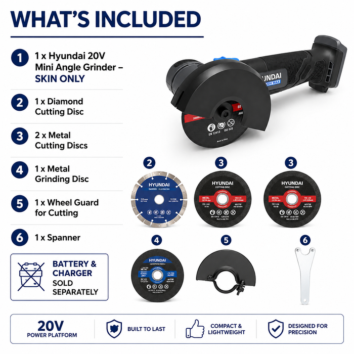 Hyundai 20V Mini Angle Grinder – 19500rpm, 76mm Disc, Tool-Free Guard - Skin Only
