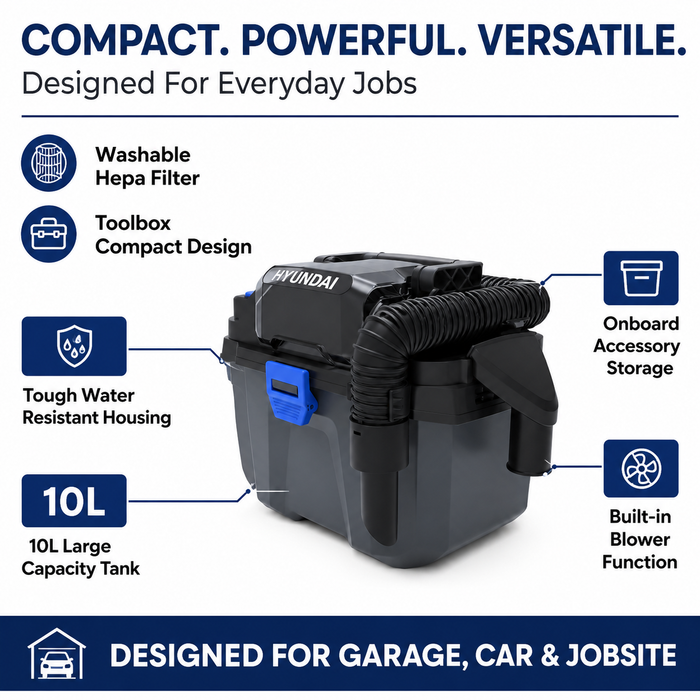 Hyundai 20V Wet & Dry Vacuum Kit – 10L Powerful Suction Car, Garage & Workshop Cleaning