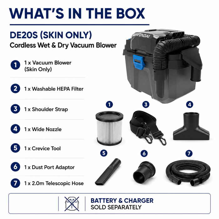 Hyundai 20V Cordless Wet & Dry Vacuum Blower – 10L Tank, HEPA, Compact Toolbox Design – Skin Only