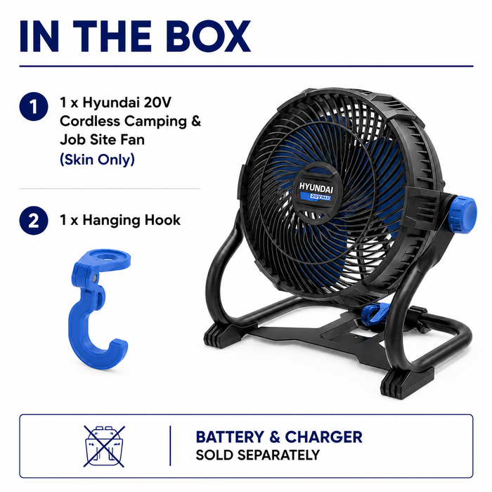 Hyundai 20V Cordless Camping & Job Site Fan – 360° Adjustable Head, Dual Speed, Wall-Mountable – SKin Only