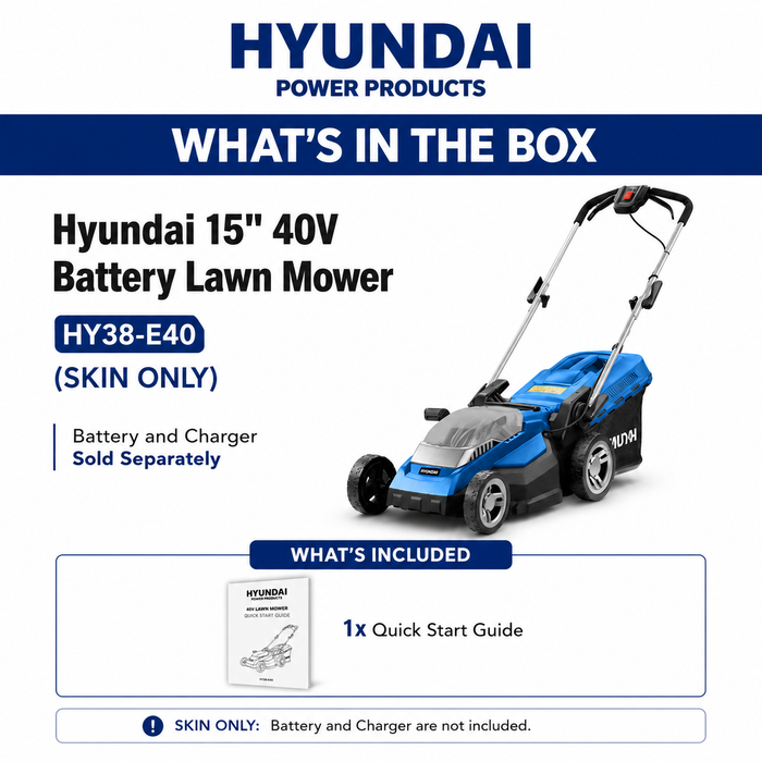 Hyundai 15" 40V Battery Lawn Mower – 5 Height Settings, Cordless, 30L Collector, Plastic Deck - Skin Only