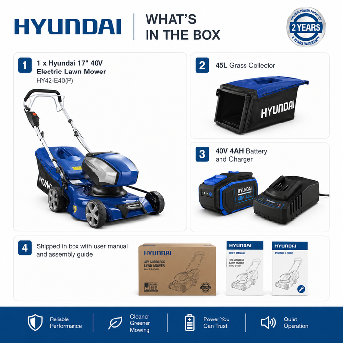 Hyundai 17" 40V Battery Lawn Mower Kit – Steel Deck, Hand Push, Cordless, 3-in-1 - With 4Ah Battery and Charger