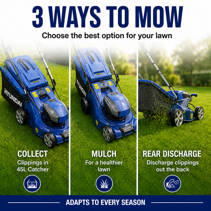 Hyundai 17" 40V Battery Lawn Mower Kit – Steel Deck, Hand Push, Cordless, 3-in-1 - With 4Ah Battery and Charger