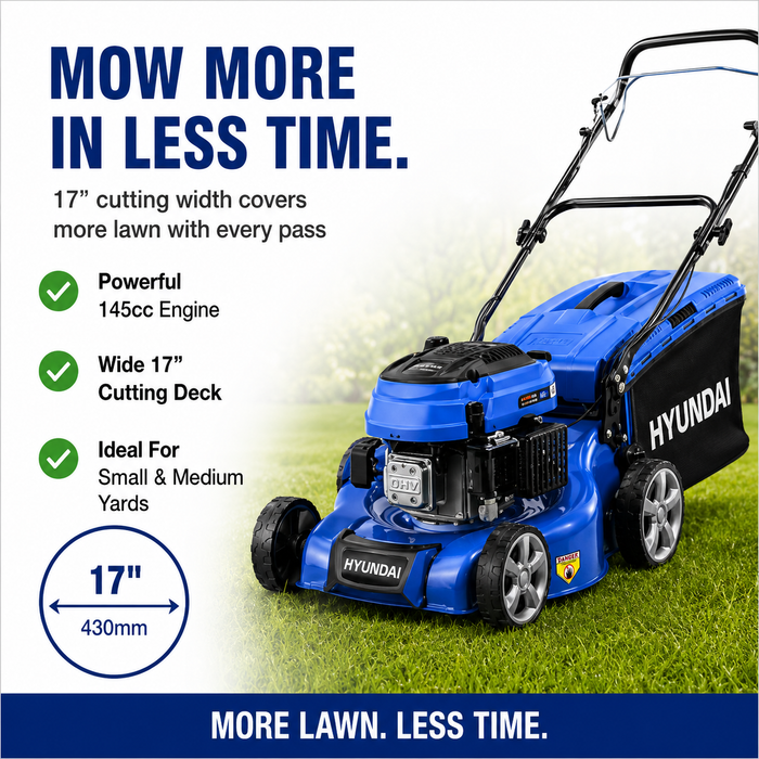 Hyundai 17" Petrol Lawn Mower Push - 145cc Engine, 6 Cutting Heights, Mulching, Compact Foldable Design