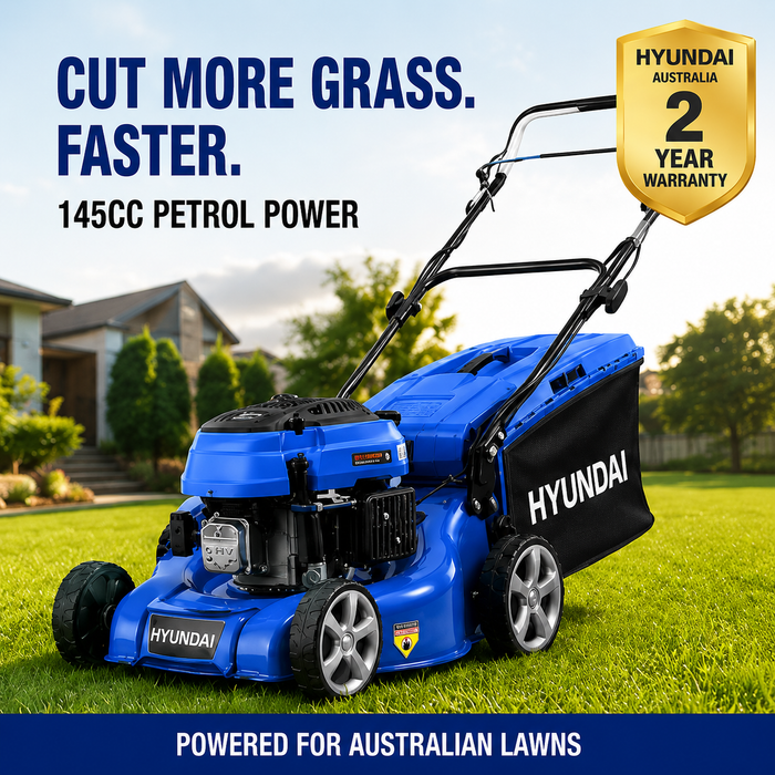 Hyundai 17" Petrol Lawn Mower Push - 145cc Engine, 6 Cutting Heights, Mulching, Compact Foldable Design