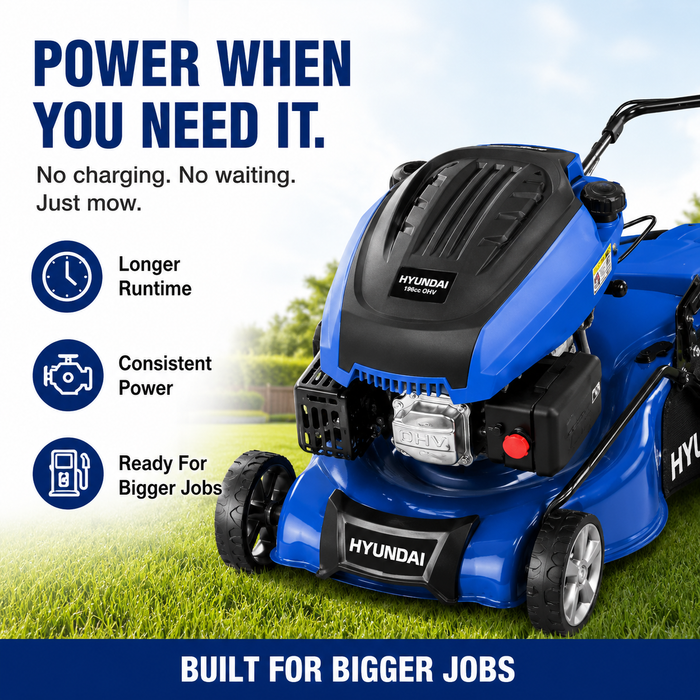 Hyundai 17" Petrol Lawn Mower Push - 145cc Engine, 6 Cutting Heights, Mulching, Compact Foldable Design