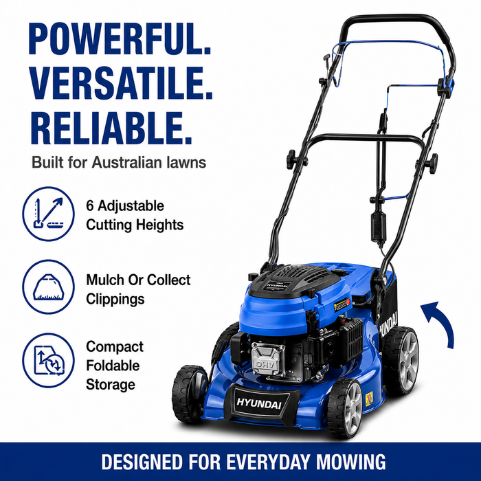 Hyundai 17" Petrol Lawn Mower Push - 145cc Engine, 6 Cutting Heights, Mulching, Compact Foldable Design