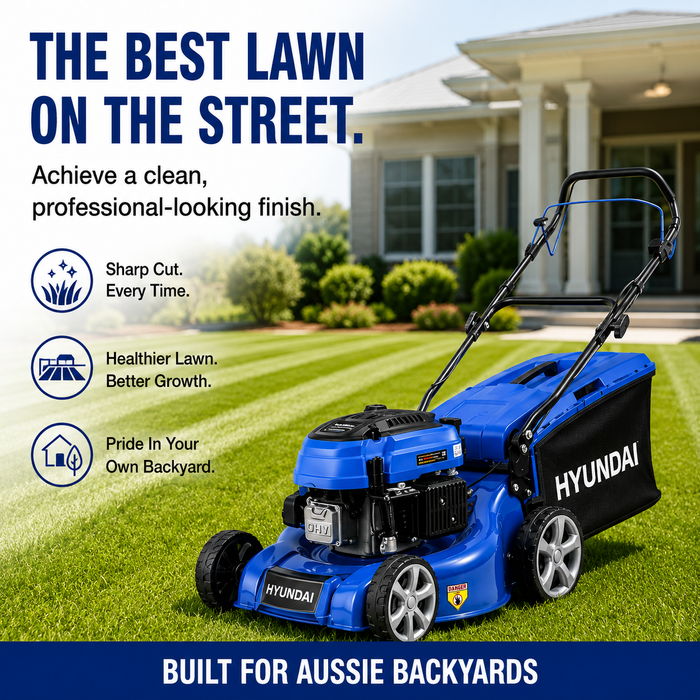 Hyundai 17" Petrol Lawn Mower Push - 145cc Engine, 6 Cutting Heights, Mulching, Compact Foldable Design
