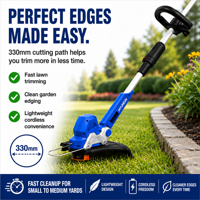 Hyundai 40V Battery Grass Trimmer - 330mm Cutting, Skin Only with Shoulder Strap, Cordless & Rechargeable - Skin Only