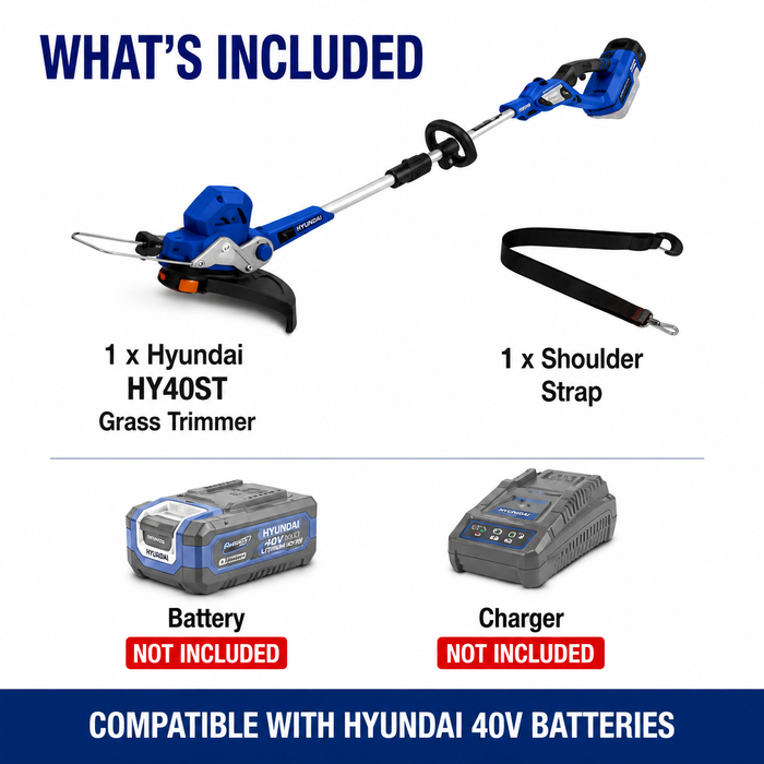 Hyundai 40V Battery Grass Trimmer - 330mm Cutting, Skin Only with Shoulder Strap, Cordless & Rechargeable - Skin Only