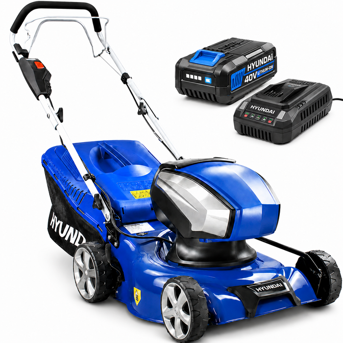 Hyundai 17" 40V Battery Lawn Mower Kit – Steel Deck, Hand Push, Cordless, 3-in-1 - With 4Ah Battery and Charger