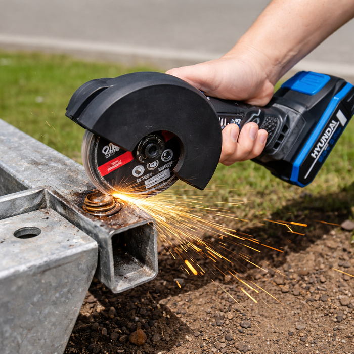 Hyundai 20V Cordless Angle Grinder Kit – Cut Metal, Tile & Bolts Anywhere | Includes 2.0Ah Battery + Charger
