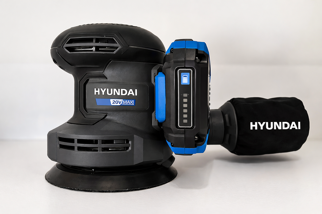 Hyundai 20V Cordless ORBITAL SANDER KIT– 125mm Variable Speed + 2.0Ah Battery & Fast Charger - Wood Sanding, Paint Prep & DIY Renovation