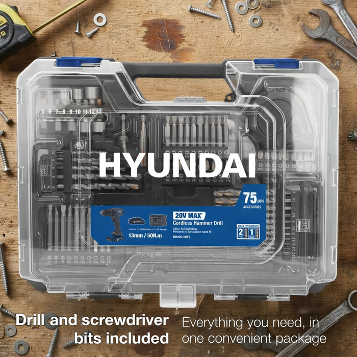 Hyundai 20V Cordless Hammer Drill 50Nm – Complete 75-Piece DIY Tool Kit with Battery, Charger & Case | Hammer Drill Driver Australia