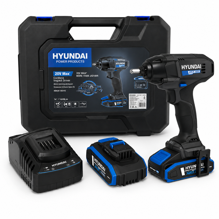 Hyundai 20V Cordless Impact Driver Kit – 180Nm Torque, LED, 2 x 2Ah Battery, 1 x Charger, 1 x Hard Case